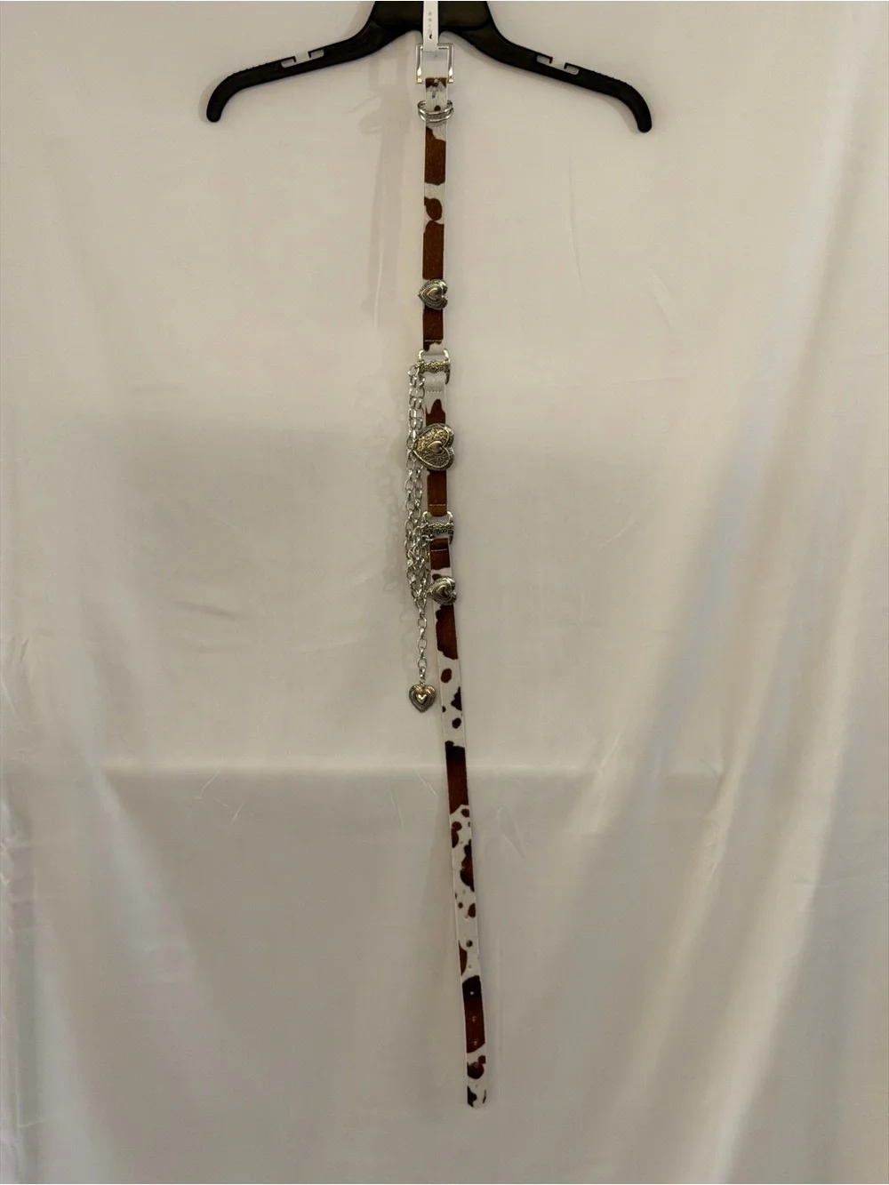 Haute Hippie Brown and White Leather Chain Belt with Silver Hearts